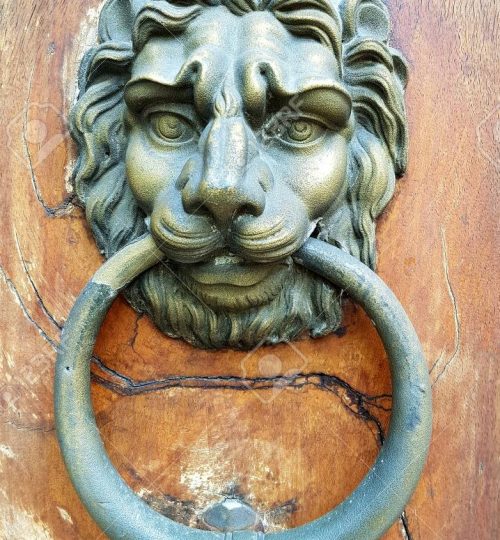 82494430-antique-brass-door-knocker-in-the-shape-of-a-lion-s-head-with-large-ring-in-its-mouth-on-an-old-wood